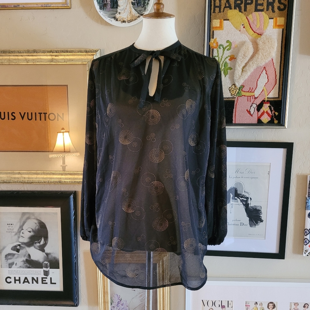 Vintage - 1950's Black and Gold Pussy Bow Tunic Blouse Union Label